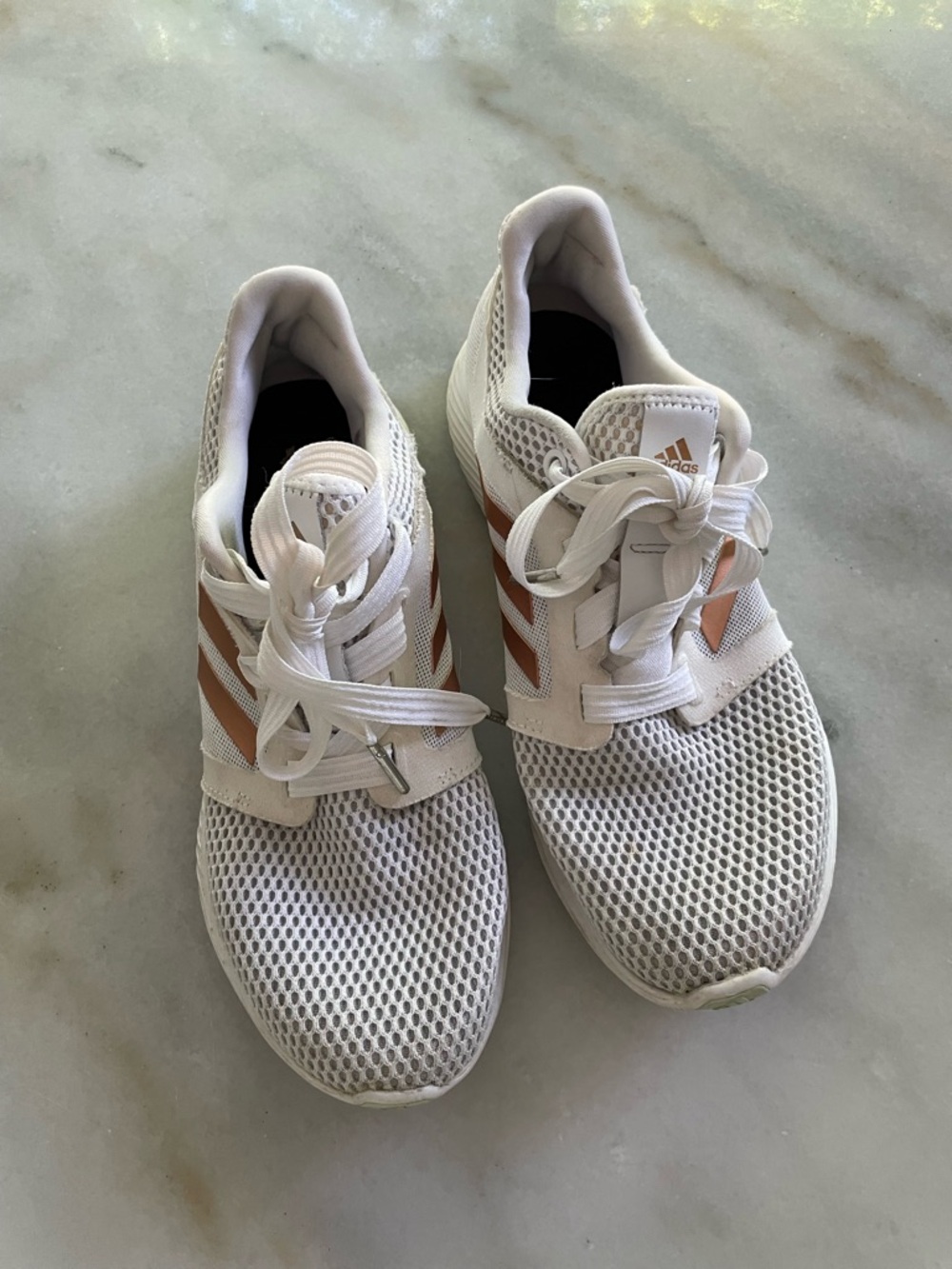 Adidas White Mesh Running Sneakers with Rose Gold Stripes size 9
